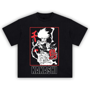 Kakashi Lightning Blade Tee featuring Chidori strike pose with bold red kanji and Sharingan details