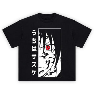 Sasuke Curse Mark Tee featuring close-up of cursed Sasuke with red Sharingan and black seal markings