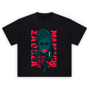 Zabuza graphic tee with cracked mask design and red kanji, inspired by Naruto’s legendary Hidden Mist ninja