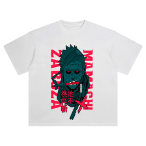 Zabuza graphic tee with cracked mask design and red kanji, inspired by Naruto’s legendary Hidden Mist ninja