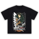 Levi Ackerman 138-5 Tee featuring full-color action artwork of Levi from Attack on Titan with Survey Corps emblem