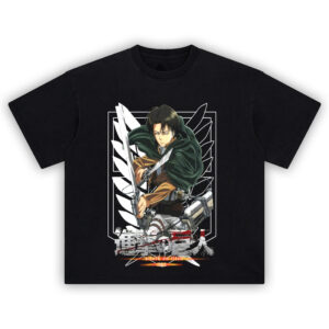 Levi Ackerman 138-5 Tee featuring full-color action artwork of Levi from Attack on Titan with Survey Corps emblem