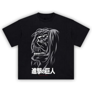 Founding Titan Scream Tee featuring Eren Yeager's monstrous titan form from Attack on Titan in detailed grayscale