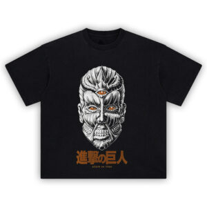 Founding Titan Tee featuring Ymir Fritz’s triple-eyed titan form in black and orange with surreal symmetrical detail