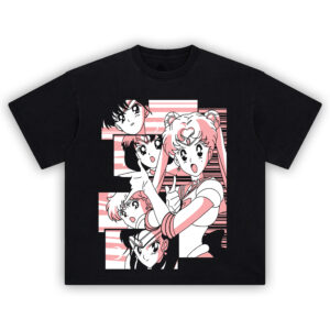 Sailor Scouts Stripe Grid Tee featuring Sailor Moon and the Inner Senshi in manga-style pink stripe panels