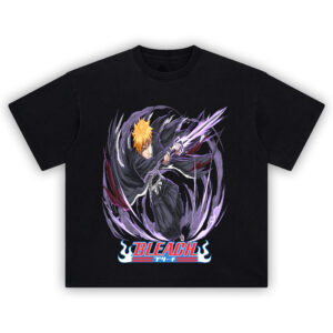 Ichigo Getsuga Slash Tee featuring Ichigo Kurosaki mid-attack with violet sword energy from Bleach