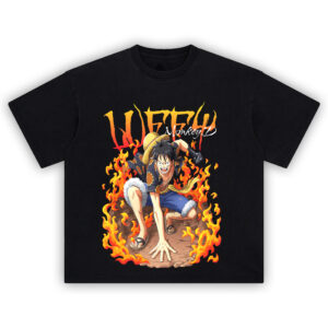 Luffy Monkey D Fire Strike Graphic Tee featuring Luffy in crouched flame pose with bold text and dynamic action
