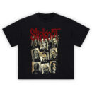 Slipknot Nine Faces Graphic Tee featuring grid of 9 masked Slipknot members with distressed textures and red logo