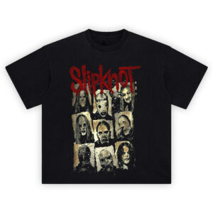 Slipknot Nine Faces Graphic Tee featuring grid of 9 masked Slipknot members with distressed textures and red logo