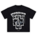 Rammstein Chain Logo Tee featuring cracked white R+ logo wrapped in heavy chains and grayscale industrial detailing
