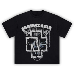 Rammstein Chain Logo Tee featuring cracked white R+ logo wrapped in heavy chains and grayscale industrial detailing