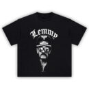 Lemmy Warpig Commander Tee featuring black and white Lemmy portrait in military cap and sunglasses