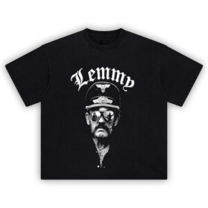 Lemmy Warpig Commander Tee featuring black and white Lemmy portrait in military cap and sunglasses