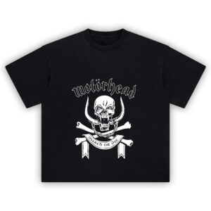 Motörhead March or Die T-shirt featuring the iconic Warpig skull logo with bones and chain on black background