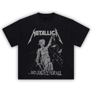 Metallica And Justice for All Tee featuring shattered Lady Justice statue in monochrome with band logo above