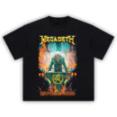 Megadeth New World Order Tee featuring Vic Rattlehead in military gear flanked by riot soldiers with flames and dystopian emblems