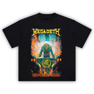 Megadeth New World Order Tee featuring Vic Rattlehead in military gear flanked by riot soldiers with flames and dystopian emblems