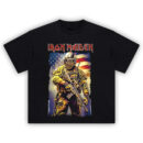 Iron Maiden Combat Eddie Tactical Tee featuring Eddie in military gear with American flag and assault rifle