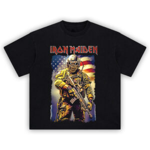 Iron Maiden Combat Eddie Tactical Tee featuring Eddie in military gear with American flag and assault rifle