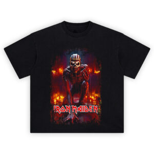 Iron Maiden Candle Crypt T-shirt featuring Eddie crouched in candlelit crypt with blood-red lighting