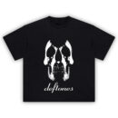 Deftones Blackout Skull T-shirt featuring mirrored skull design with minimalist layout and italic band logo