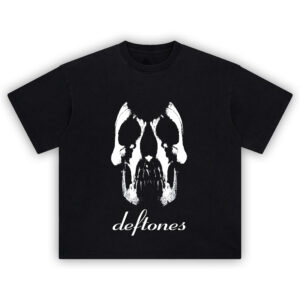 Deftones Blackout Skull T-shirt featuring mirrored skull design with minimalist layout and italic band logo