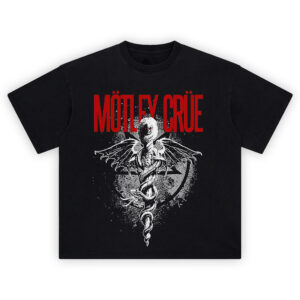 Motley Crue Dr Feelgood Serpent Tee with winged skeleton serpent and red band logo