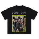 Bon Jovi Slippery Style '80s Tee featuring full band lineup in neon retro glam with jagged yellow frame