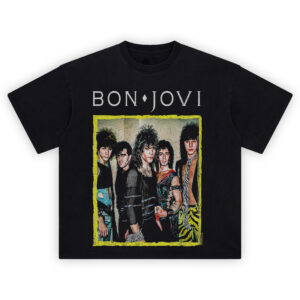 Bon Jovi Slippery Style '80s Tee featuring full band lineup in neon retro glam with jagged yellow frame