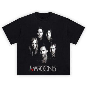 Maroon 5 V Album Graphic T-Shirt featuring full-band portrait in black and white with signature red “V”