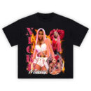 Nicki Minaj Queen Energy Graphic Tee featuring three iconic Nicki Minaj looks over flames and glitter collage