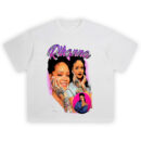 Rihanna Iconic Ink Graphic T-Shirt featuring three Rihanna portraits with henna-style tattoos and pink collage accents