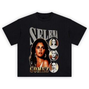 Selena Gomez Glitter Pop Icon Tee featuring collage of Selena Gomez portraits with metallic text effects