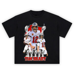 Tom Brady GOAT Mode T-shirt featuring collage of Brady in Buccaneers gear with 7 Lombardi trophies