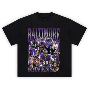 Baltimore Ravens Legacy Electric T-shirt featuring collage of players, coaches, and championship moments with electric background