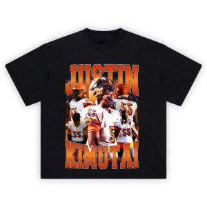 Justin Kimutai Ghosts Varsity T-shirt featuring collage of No. 55 in Ghosts uniform with orange and white athletic backdrop