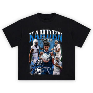 Kahden Davis SHP Pirates T-shirt featuring collage of quarterback in action with SHP logo and lightning energy