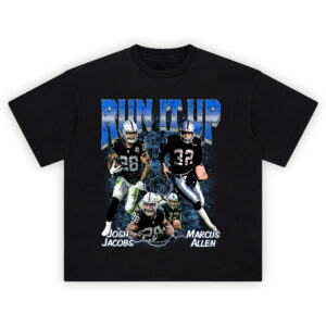 Run It Up Raiders Running Back T-shirt featuring Josh Jacobs and Marcus Allen with bold graphics and storm background