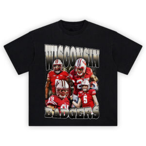 Wisconsin Badgers Football Legacy T-shirt with red and white color scheme featuring iconic players and “WISCONSIN BADGERS” text