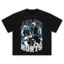 Jalen Hurts Eagles Franchise QB T-shirt with dynamic collage of Hurts in action and bold Eagles team elements