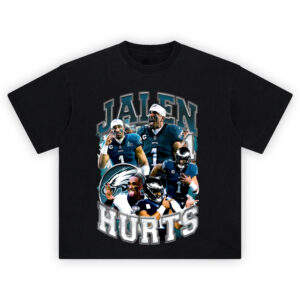 Jalen Hurts Eagles Franchise QB T-shirt with dynamic collage of Hurts in action and bold Eagles team elements