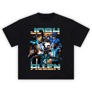 Josh Allen Jaguars Sack Machine T-shirt featuring action shots in teal uniform, Jaguars logo, and defensive play highlights