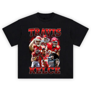 Travis Kelce All-In Kansas City T-shirt featuring collage of #87 in action, AFC championship celebration, and signature moments