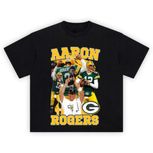 Aaron Rodgers Legacy Green Bay T-shirt featuring collage of QB12’s throws, Super Bowl trophy moment, and classic Packers uniform