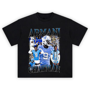 Armani Chatman Carolina Blue T-shirt featuring UNC cornerback collage in #9 jersey, game action, and team spirit graphics