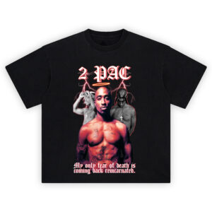 2Pac Reincarnated Shirt with Tupac lightning collage and reincarnation quote