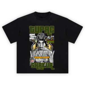 Tupac GTA Respect +99 Graphic Tee with retro game overlay and iconic bandana portrait