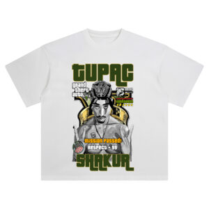Tupac GTA Respect +99 Graphic Tee with retro game overlay and iconic bandana portrait