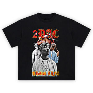 2Pac Thug Life Vintage Tribute T-shirt featuring Tupac collage, gothic red text, and lightning effects
