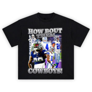 How 'Bout Them Cowboys Statement T-shirt featuring CeeDee Lamb, Dak Prescott, Micah Parsons, and Trevon Diggs in bold collage design